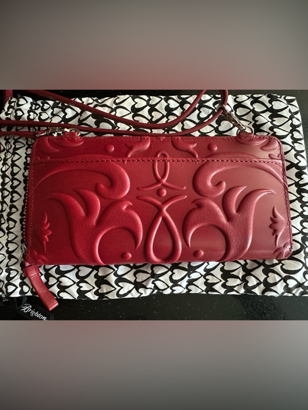 Brighton Cordoba Lipstick Red Genuine Leather Embossed Silver Heart Wallet - Picture 8 of 13